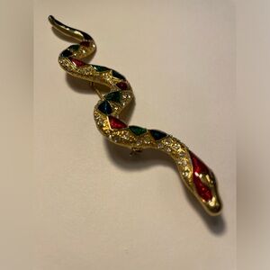 Vintage Large Gold Snake Enamel With Rhinestones Brooch Pin